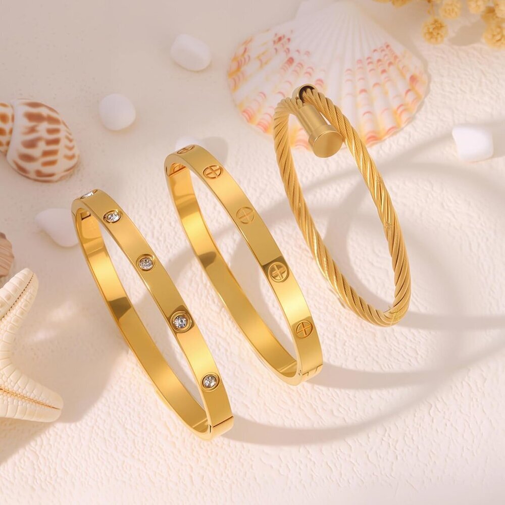 Gold Stainless Steel Stackable Bangles With Cryst… - image 7